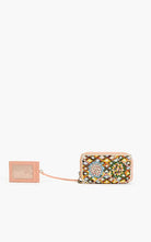 Beaded wallet and card holder set with colorful geometric and floral patterns in earthy and pastel tones.