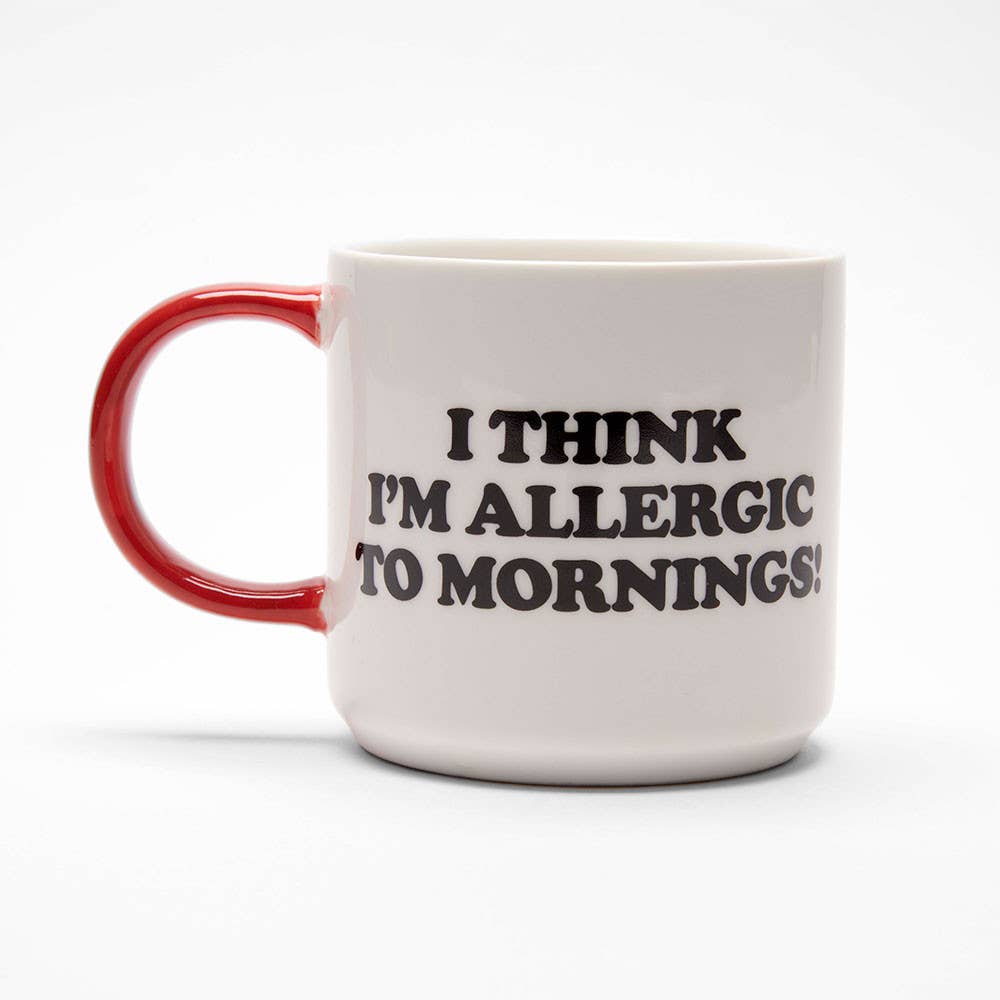 White ceramic mug with a red handle, featuring "I Think I’m Allergic to Mornings!" and a beagle on a red doghouse.