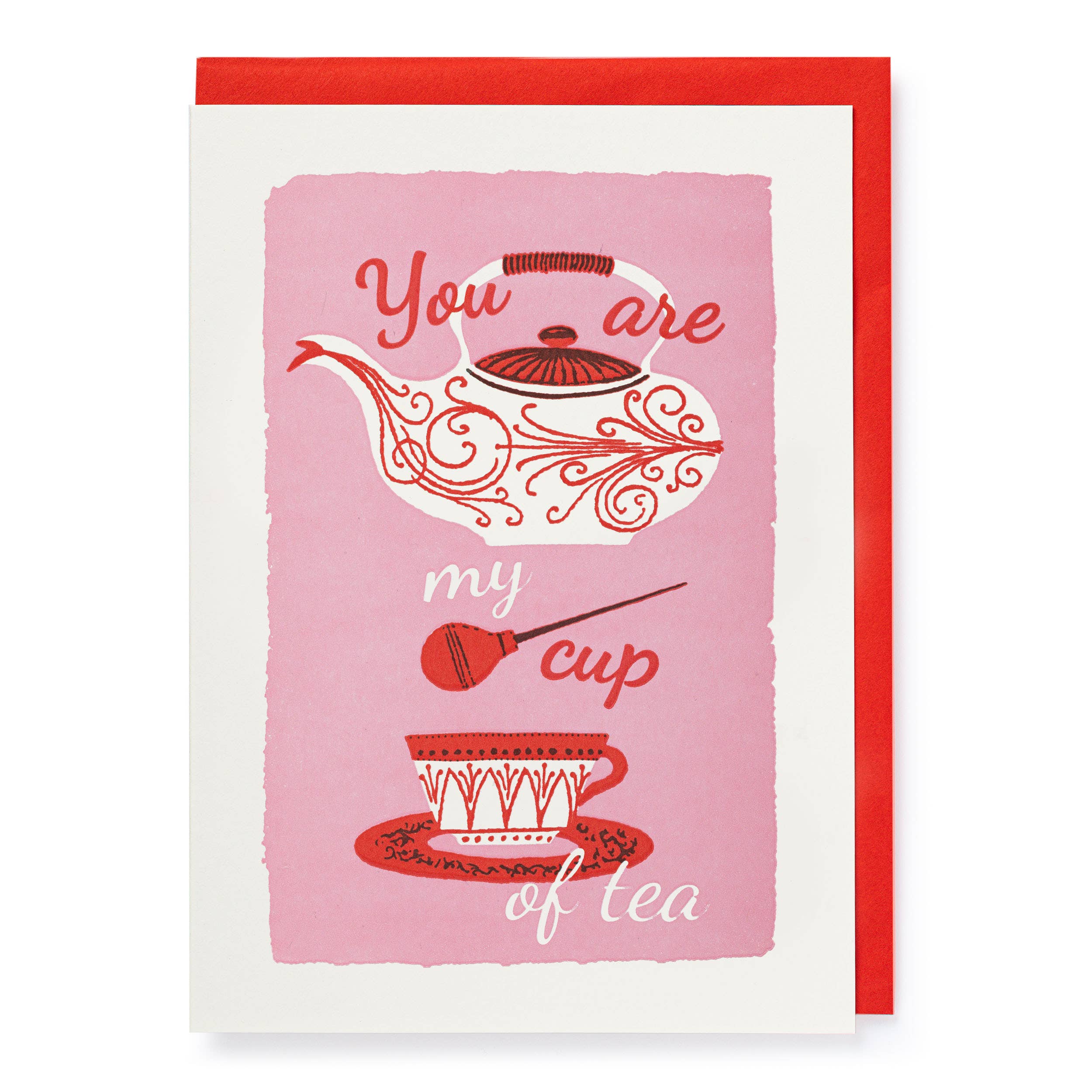 A greeting card featuring a steaming cup of tea.