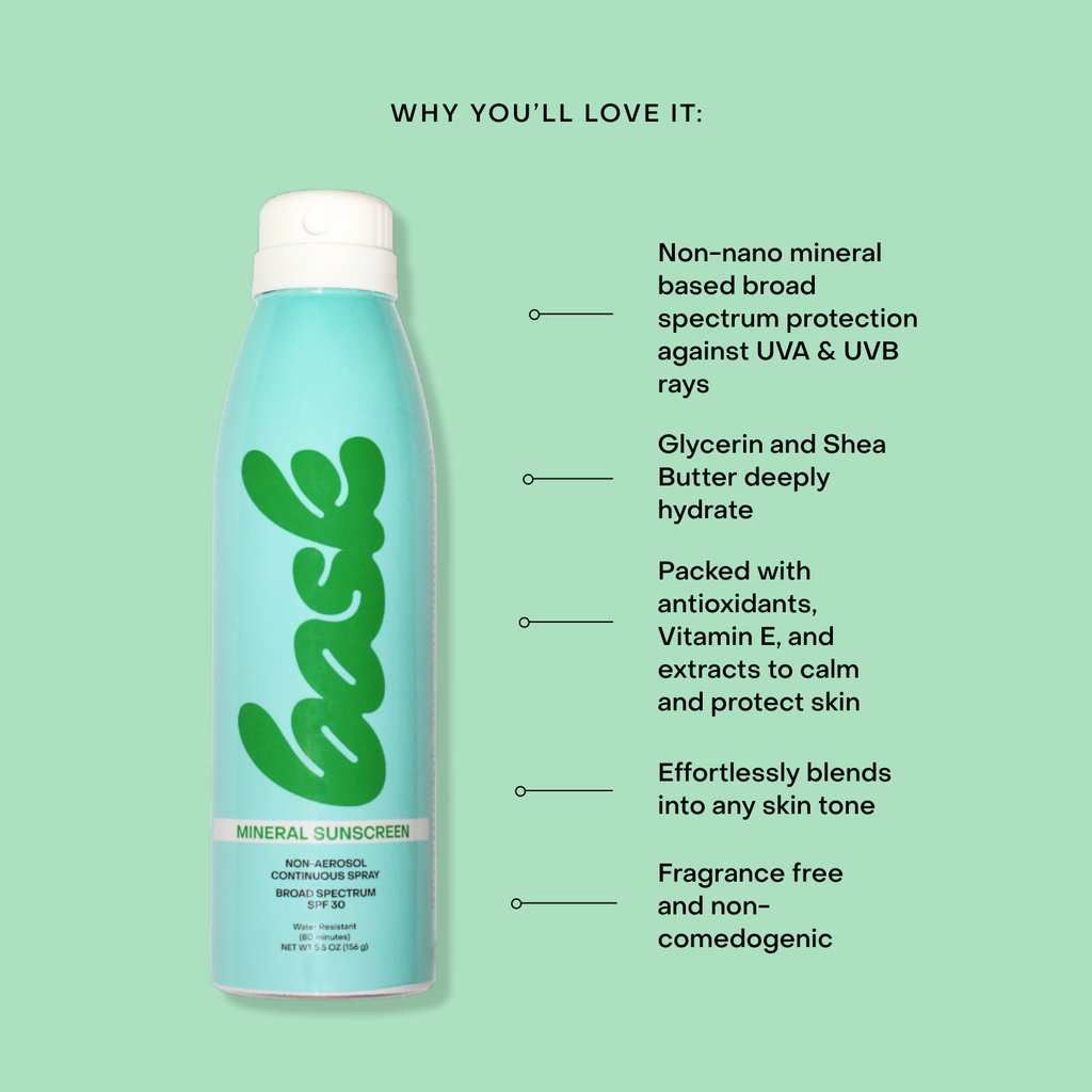 Bottle of mineral sunscreen with text on a green background