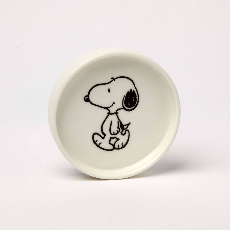 Round ceramic trinket dish with a black-and-white illustration of a walking beagle, packaged in a red and yellow gift box.