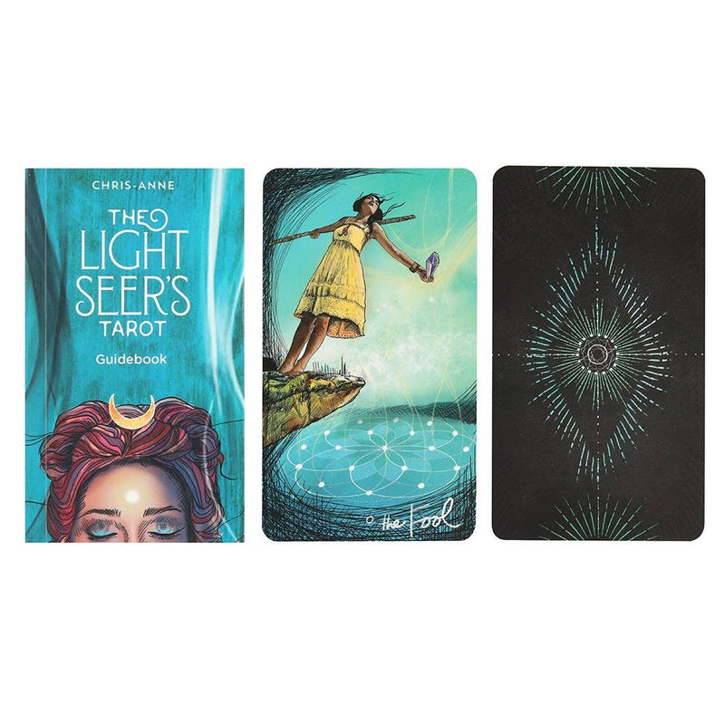 The Light Seer’s Tarot deck in teal packaging with illustration of a woman’s face, moon symbol, and swirling energy.