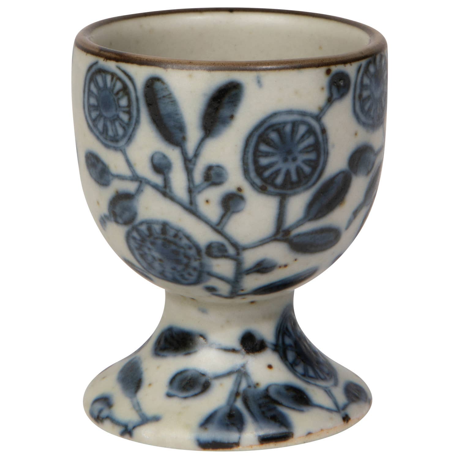 Ceramic egg cup with blue floral patterns on a white background