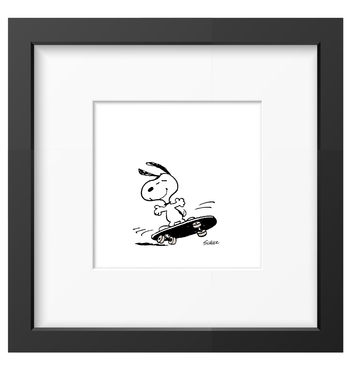 Framed black-and-white artwork of Snoopy skateboarding, featuring a minimalist design with a sleek black frame.