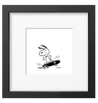 Framed black-and-white artwork of Snoopy skateboarding, featuring a minimalist design with a sleek black frame.