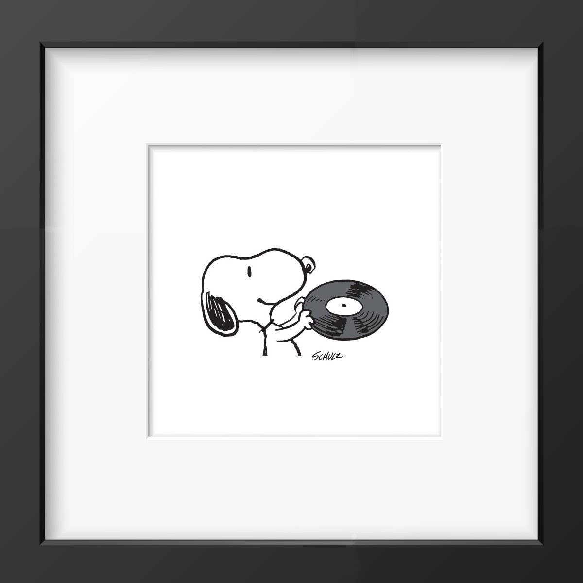 Framed artwork of Snoopy holding a vinyl record, perfect for music lovers and Peanuts fans.
