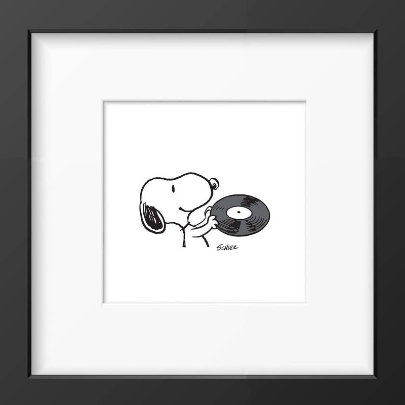 Framed artwork of Snoopy holding a vinyl record, perfect for music lovers and Peanuts fans.