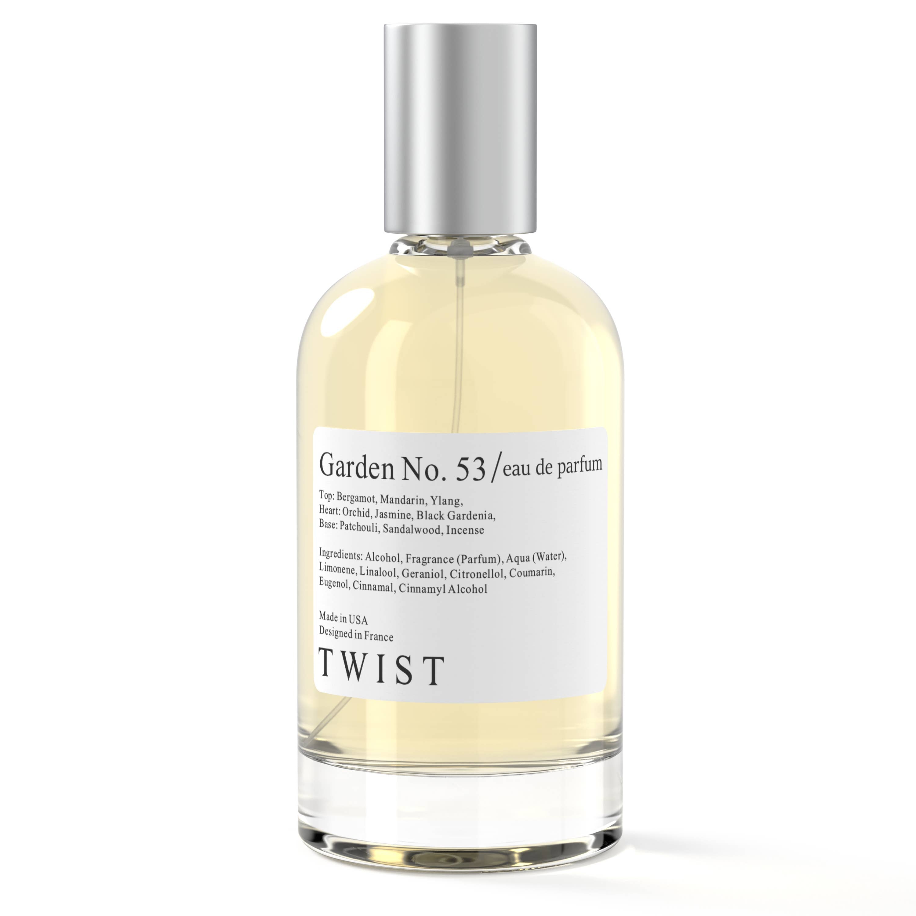 Bottle of Garden No. 53 Eau De Parfum, featuring gardenia, ylang-ylang, citrus, and patchouli notes for a luxurious and sensual fragrance.