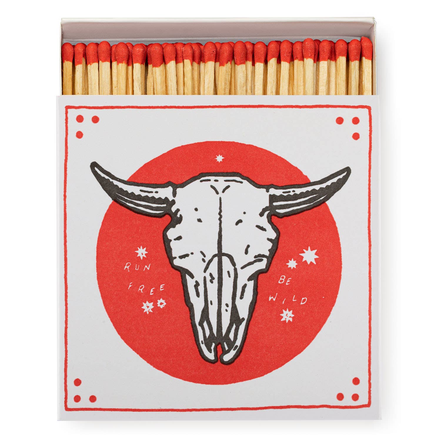  A square matchbox adorned with a saint motif, featuring no skull iconography.