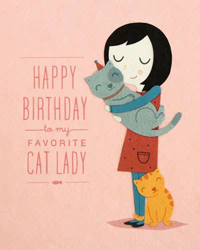 Illustration of a person hugging a cat with text 'Happy Birthday to my favorite cat lady' on a pink background.