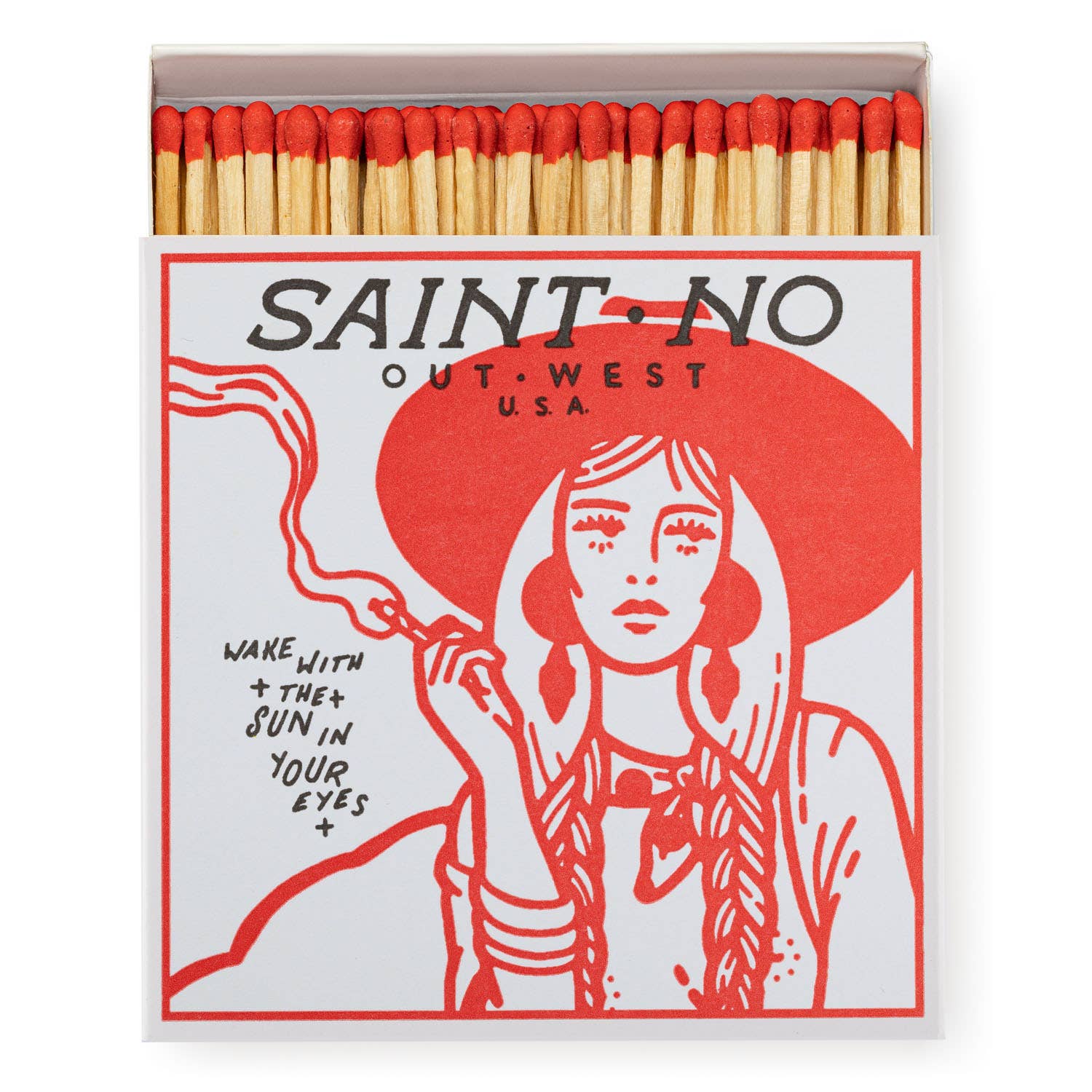 A square matchbox featuring a rustic "Out West" design.