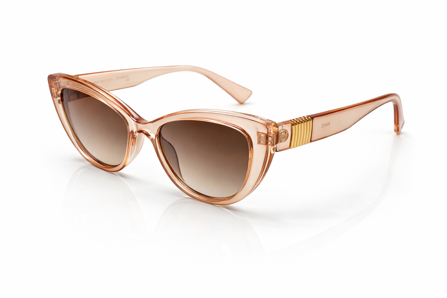 Cat-eye sunglasses with a transparent frame and brown lenses on a white background