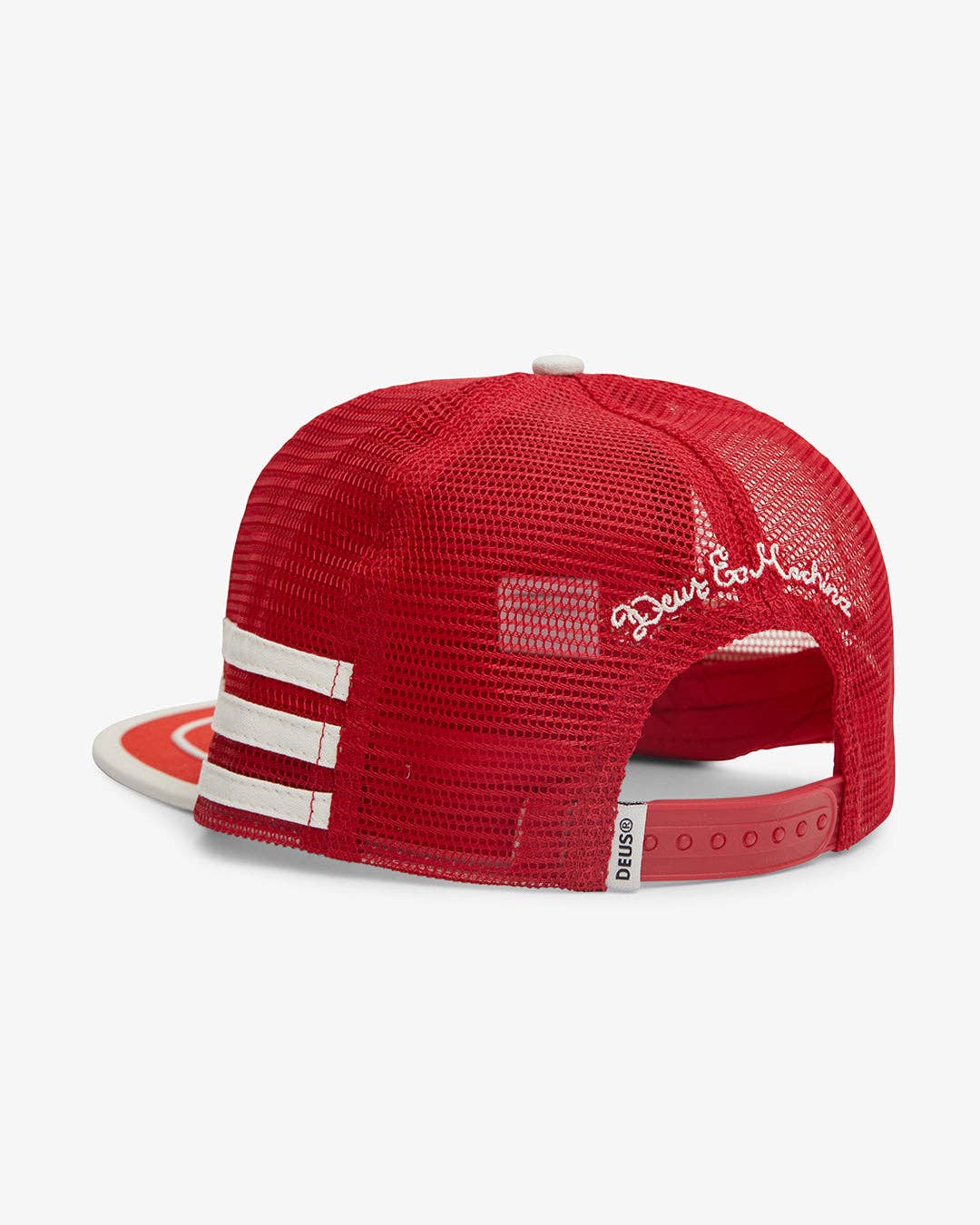 Red mesh cap with white accents on a light gray background