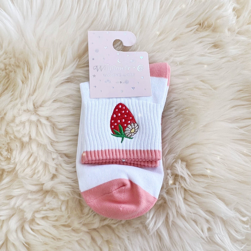 Strawberry Embroidered Socks - Stocking Stuffer