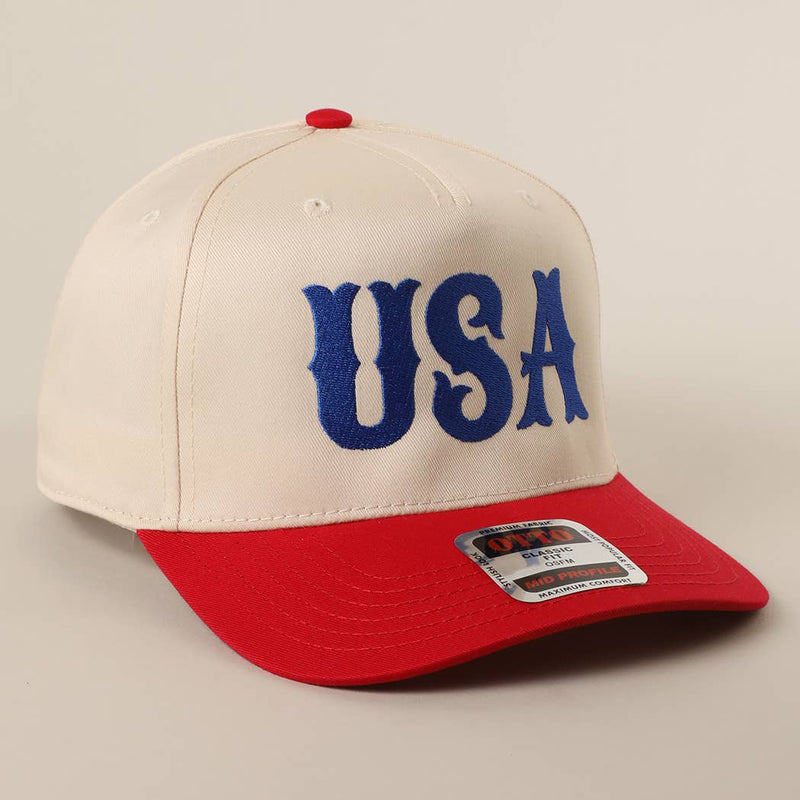 Cap with 'USA' text on a beige background