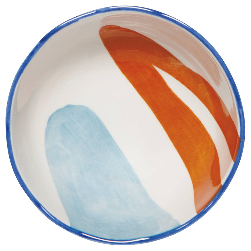 Small Canvas Bowl with abstract mustard yellow, navy blue, and light blue patterns.