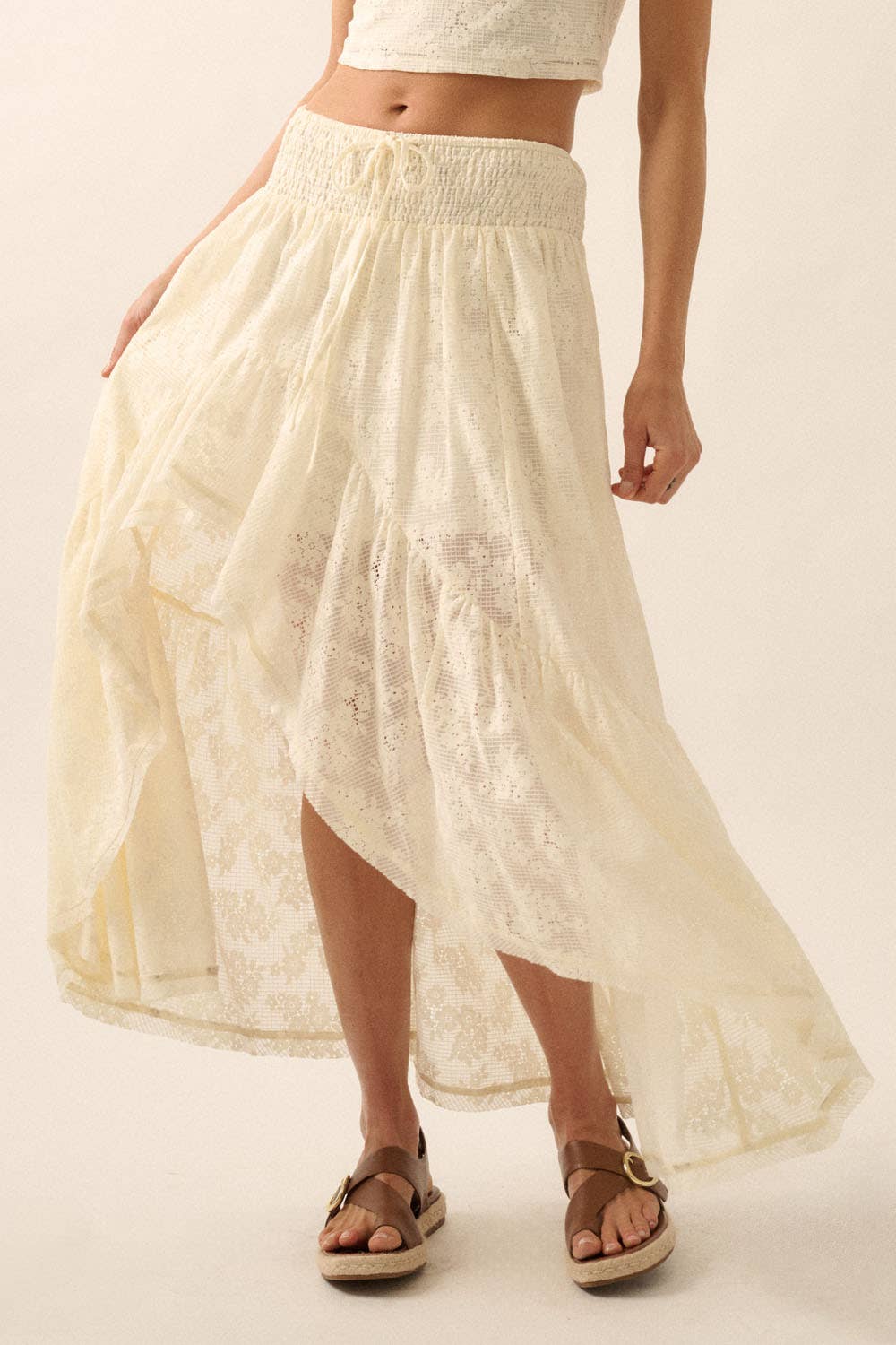 Floral Lace High-Low Ruffled Maxi Skirt