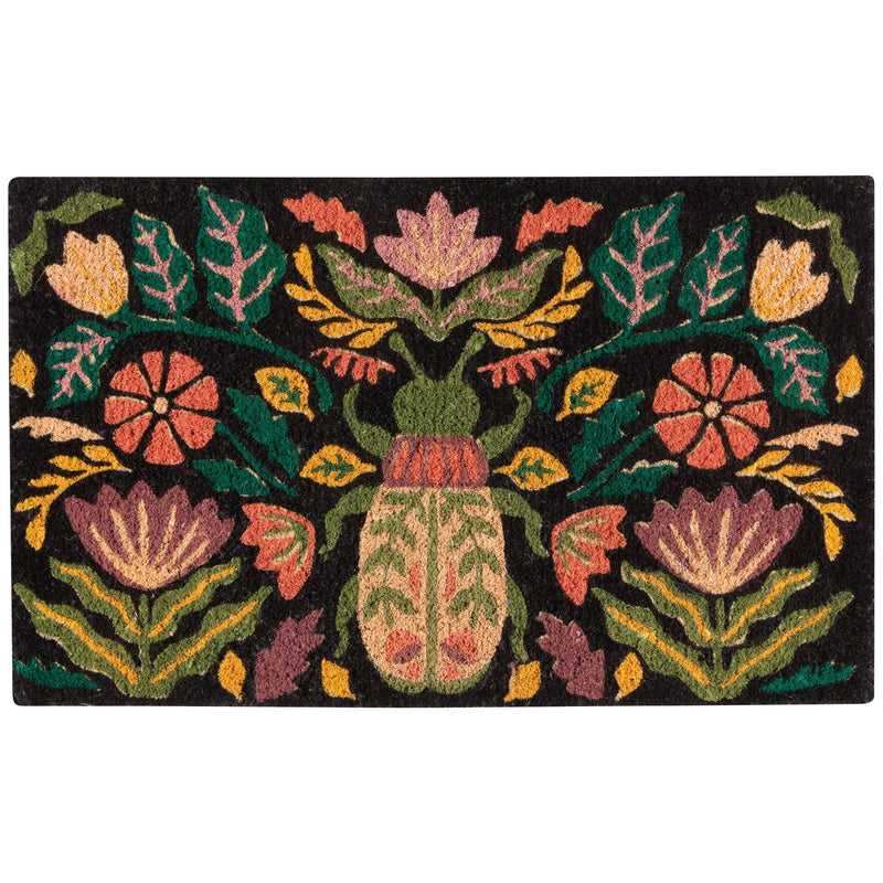 Amulet Symbolism Coir Doormat featuring colorful ancient charms on a black background.