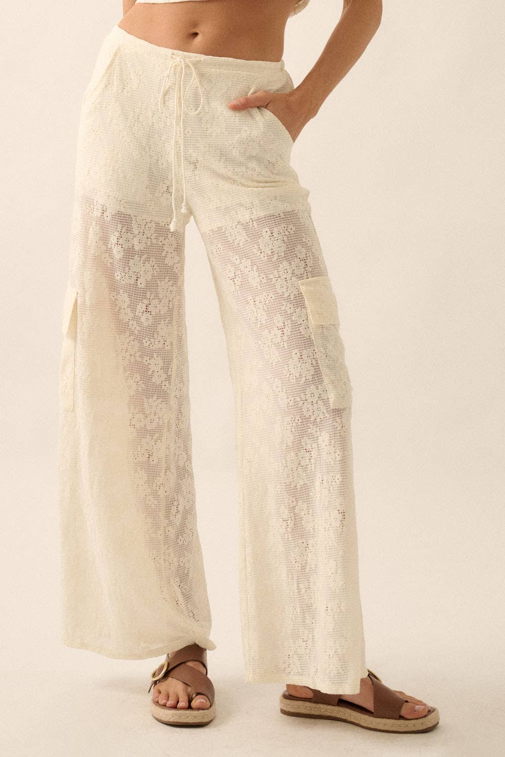 Floral Lace Drawstring Cargo Pants