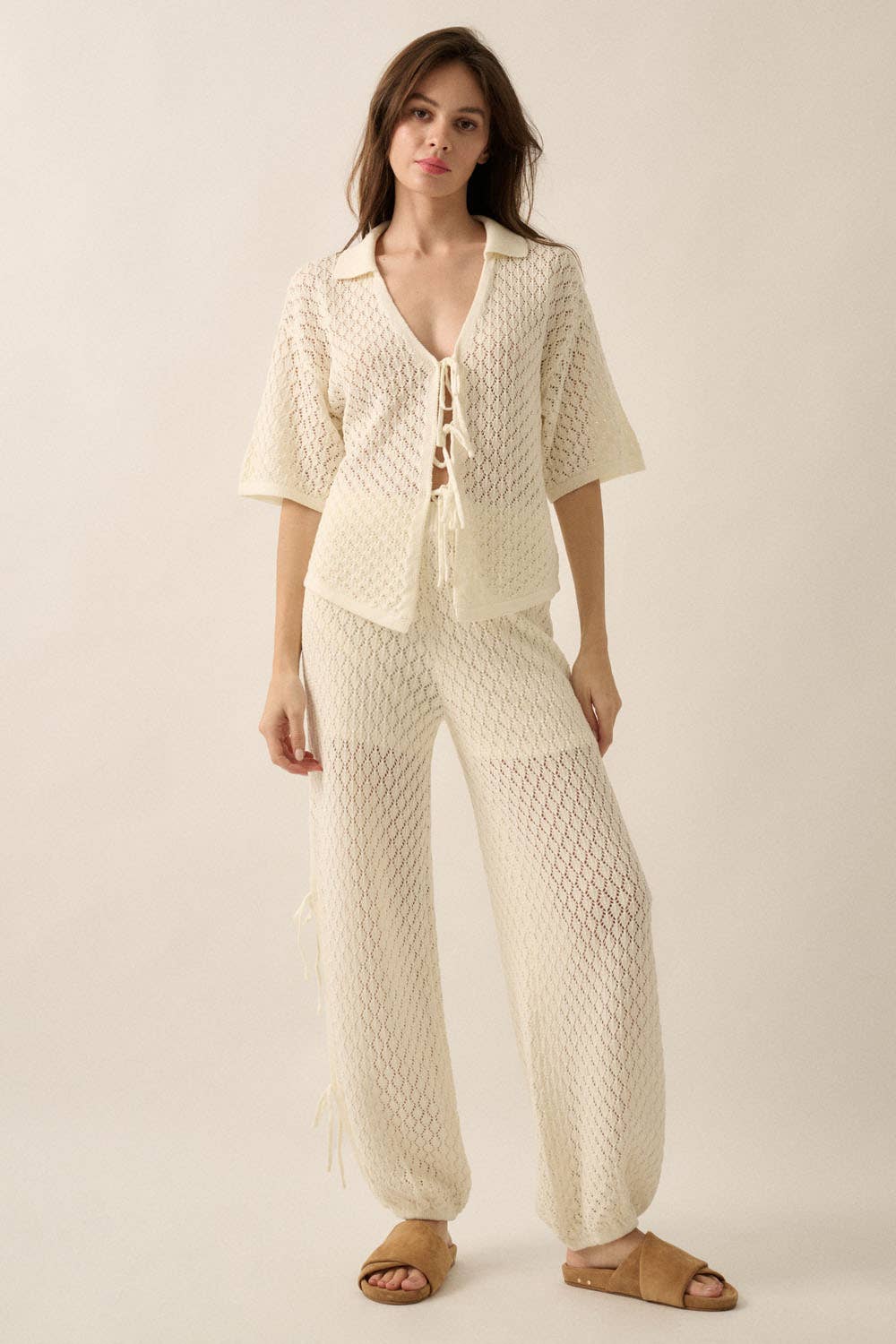 Pointelle Crochet-Knit Side-Tie Pants