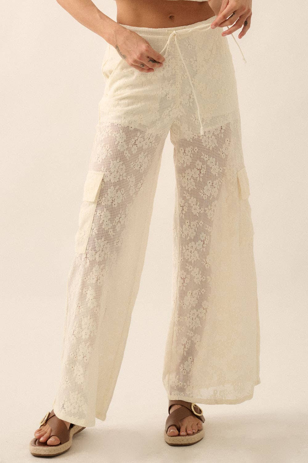 Floral Lace Drawstring Cargo Pants