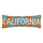California Poppy hook pillow with vibrant orange poppies and bold "California" lettering on a blue background.
