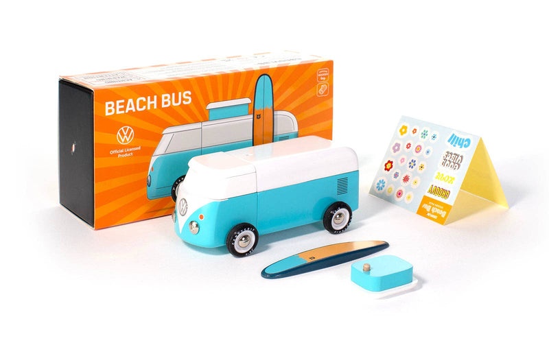 Toy bus with packaging and accessories on a white background