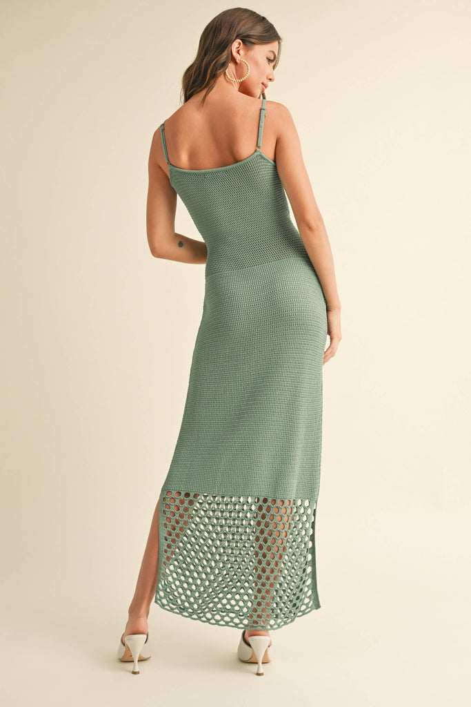 Model wearing the Maren Knitted Dress with delicate straps, mesh waist detail, and open-stitch hem.