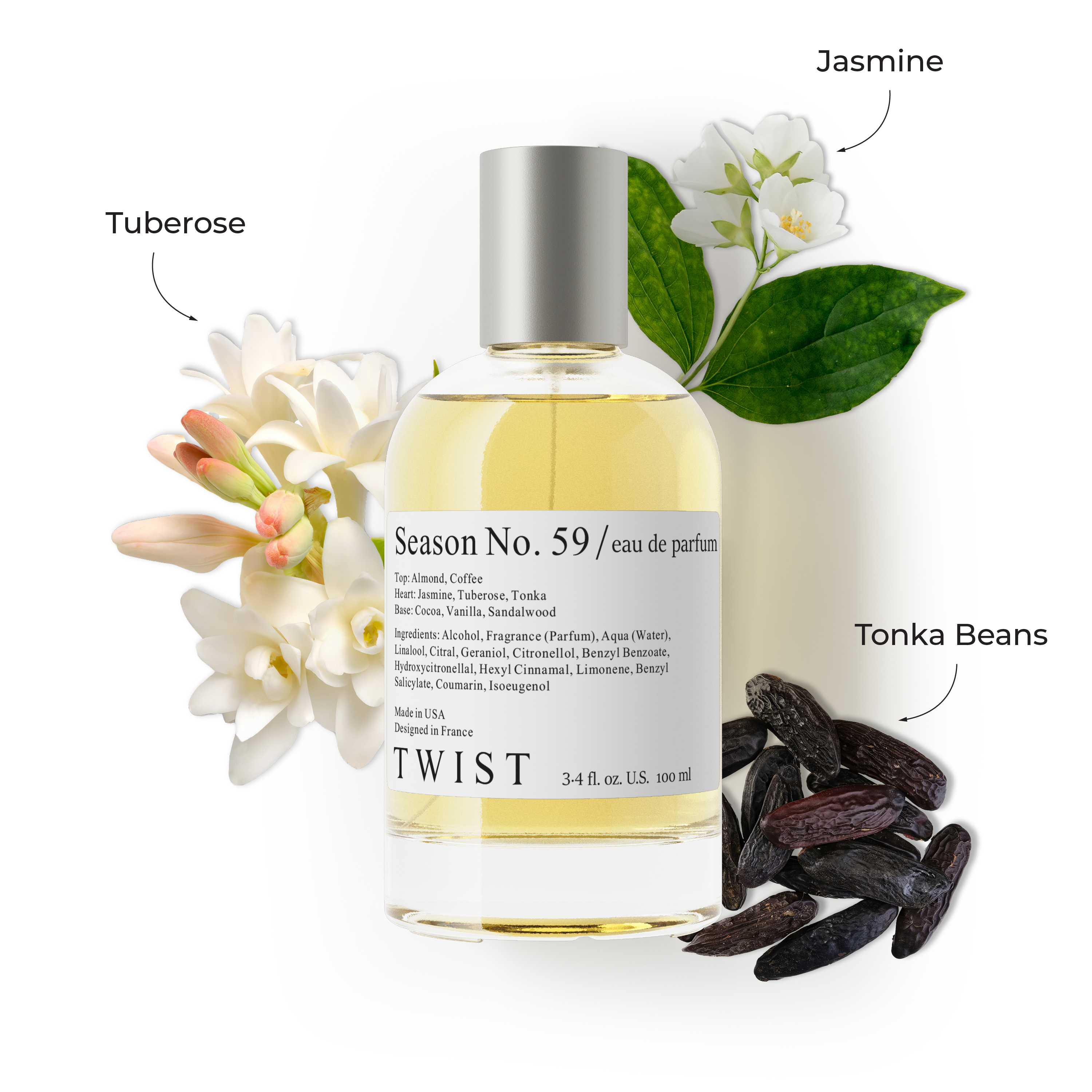 Glass perfume bottle labeled "Season No. 59" surrounded by jasmine, tuberose, and tonka beans.