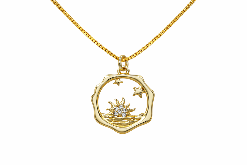 Gold Sunburst & Wave Necklace