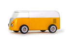 Yellow and white toy van on a white background