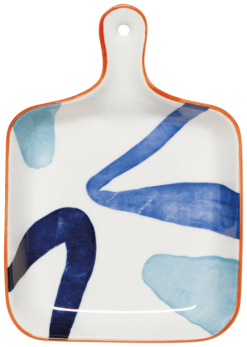 Canvas Stamped Tapas Plate with abstract mustard yellow, navy blue, and light blue patterns.