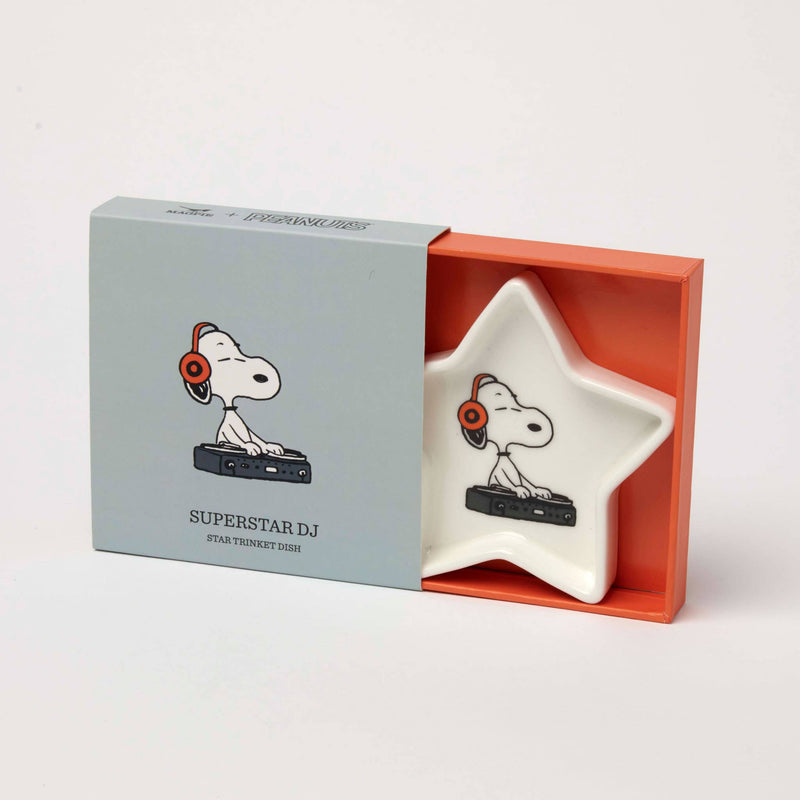 Star-shaped ceramic trinket dish with a DJ wearing headphones and using a turntable, packaged in a blue and orange gift box.