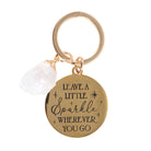 Clear quartz crystal keychain with gold-tone pendant and inspirational message on display card.