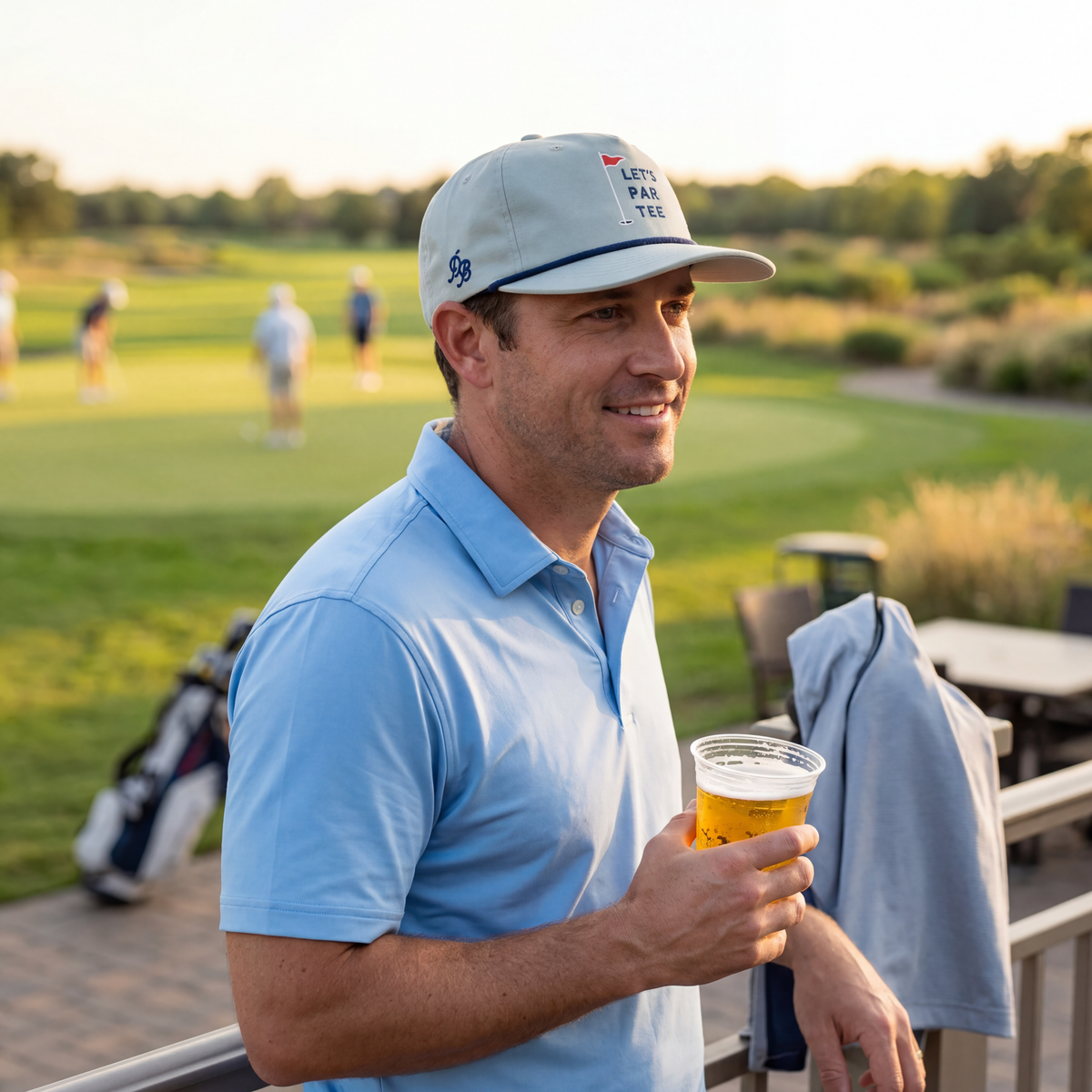 Man wearing the Let's Par Tee funny golf gift hat on the course