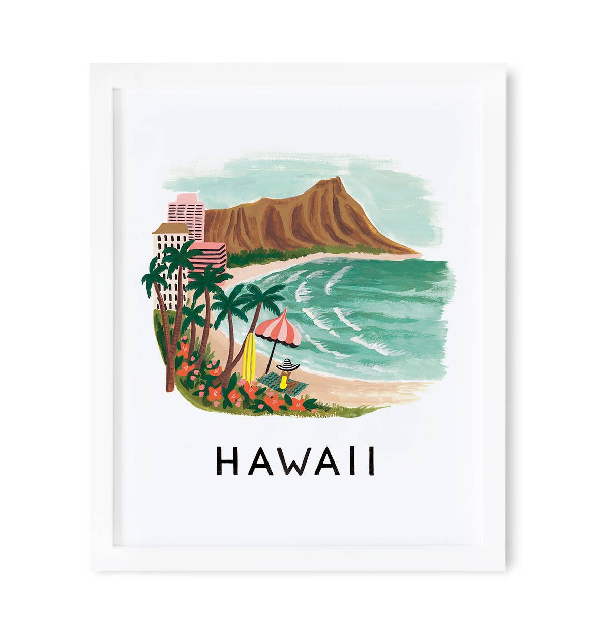 Framed Hawaii art print with an illustration of a tropical beach, palm trees, and Diamond Head in a vibrant, vintage style.