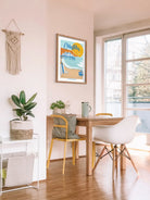 Elegant print illustrating Malibu's pristine beaches, waves, and coastal charm, celebrating its Californian essence.