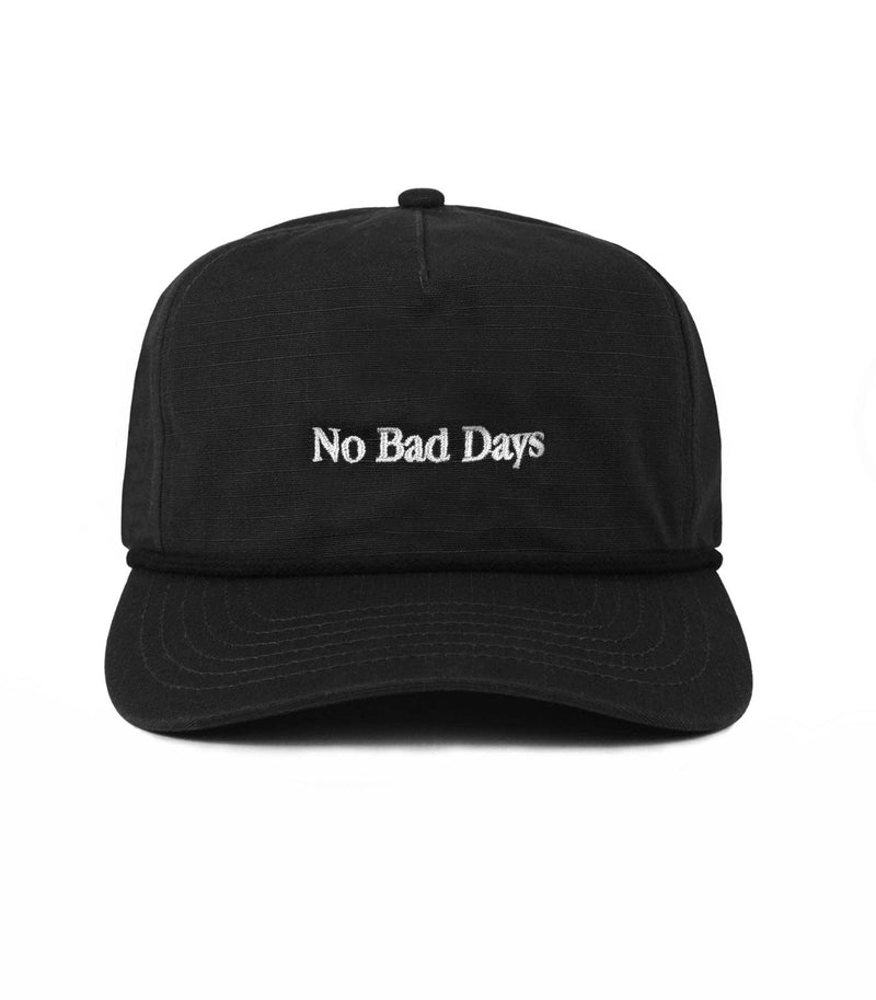 Black cap with 'No Bad Days' text on a white background