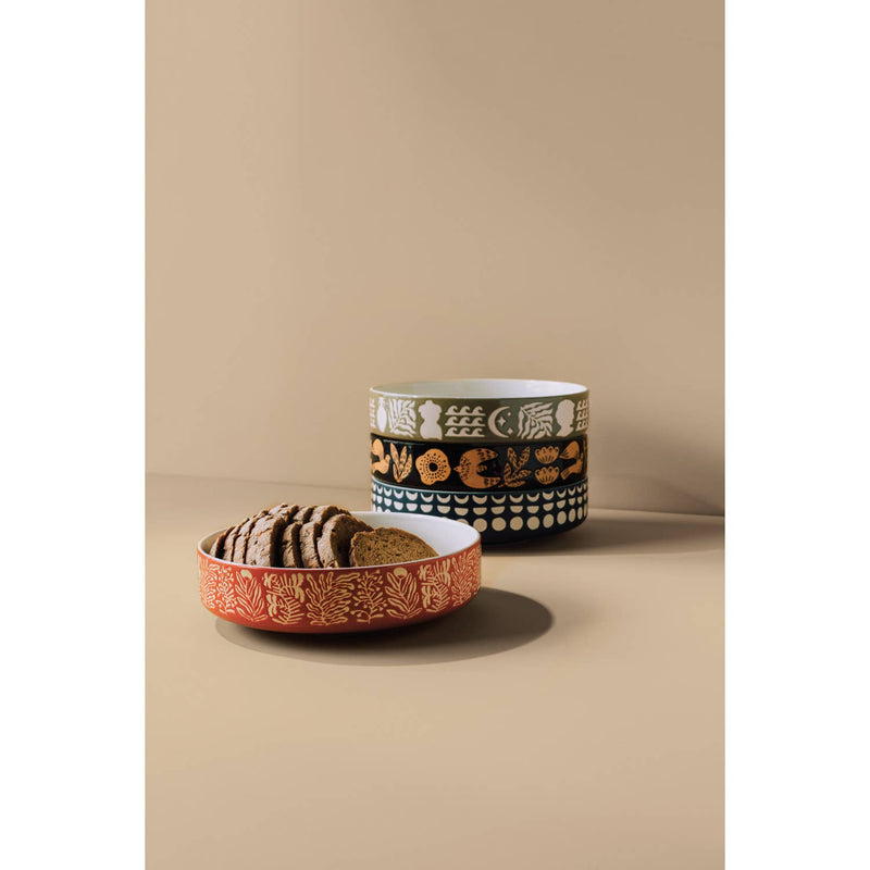 Danica Studio Stoneware Low Profile Bowl with intricate designs around the ring, perfect for dining or decor, in a durable and versatile design.