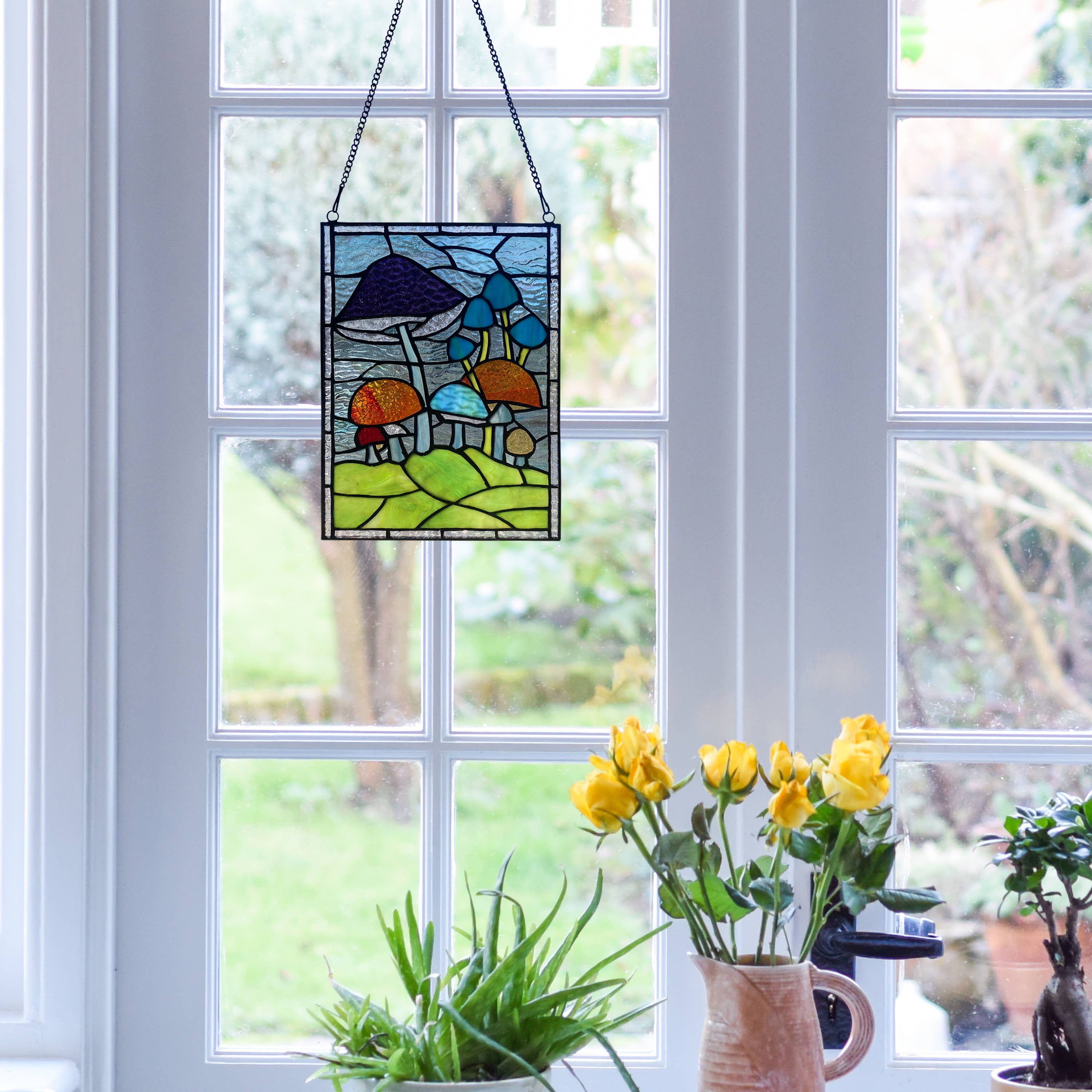 Mushrooms Stained Glass Mosaic - Handcrafted mosaic featuring a medley of vibrant mushrooms for a whimsical touch.