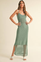 Model wearing the Maren Knitted Dress with delicate straps, mesh waist detail, and open-stitch hem.