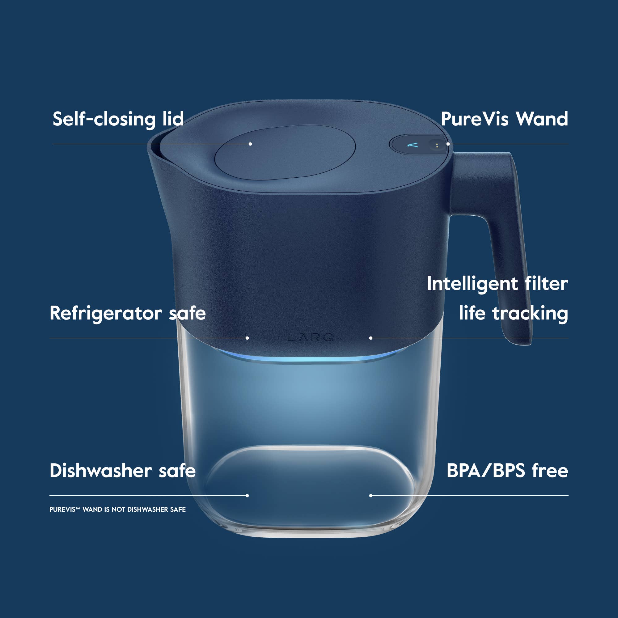 LARQ water pitcher in Monaco Blue with PureVis and Nano Zero technology for advanced filtration.