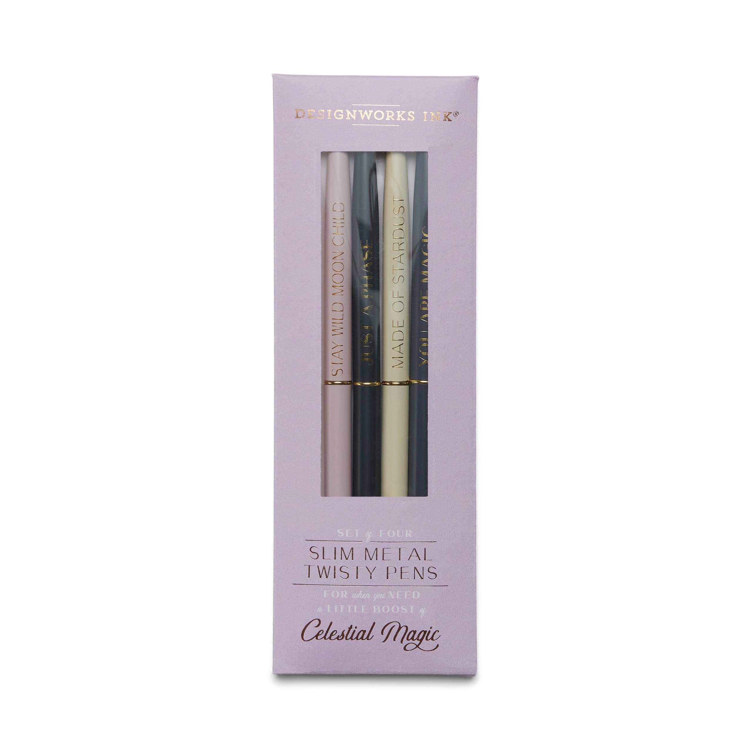 "Celestial Magic" slim metal pen set of four in pastel colors, with celestial-themed quotes, in a lavender box.