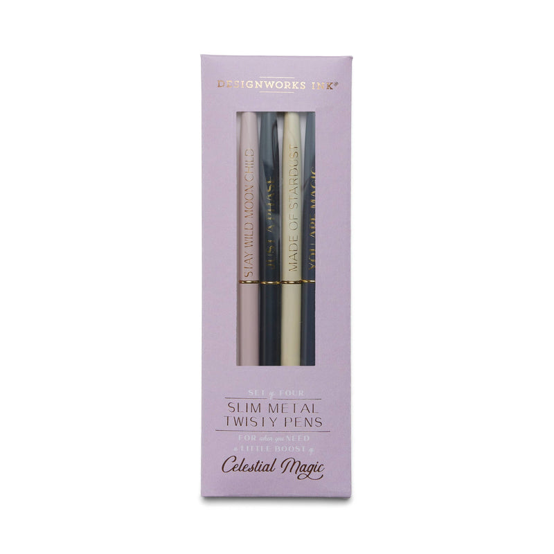 "Celestial Magic" slim metal pen set of four in pastel colors, with celestial-themed quotes, in a lavender box.
