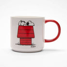 White ceramic mug with a red handle, featuring "I Think I’m Allergic to Mornings!" and a beagle on a red doghouse.