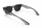 Sunglasses with clear frames and dark lenses on a white background