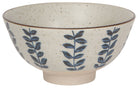 Handmade ceramic bowl with speckled glaze and blue leaf pattern, perfect for serving soups, cereals, or sides.