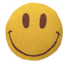 Round smile face hook pillow in yellow with brown smiling face design.