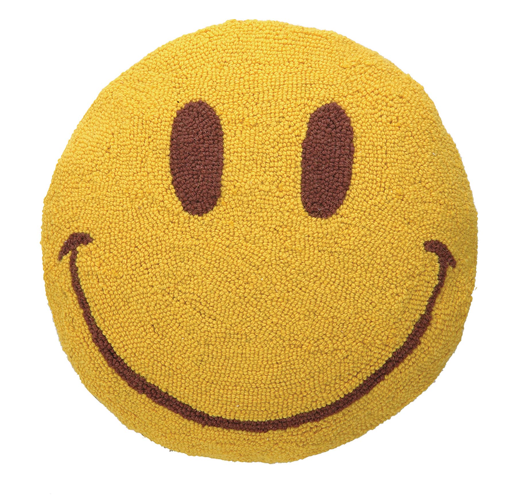 Round smile face hook pillow in yellow with brown smiling face design.