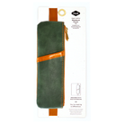 Green and orange notebook pouch with a gold zipper on a white background